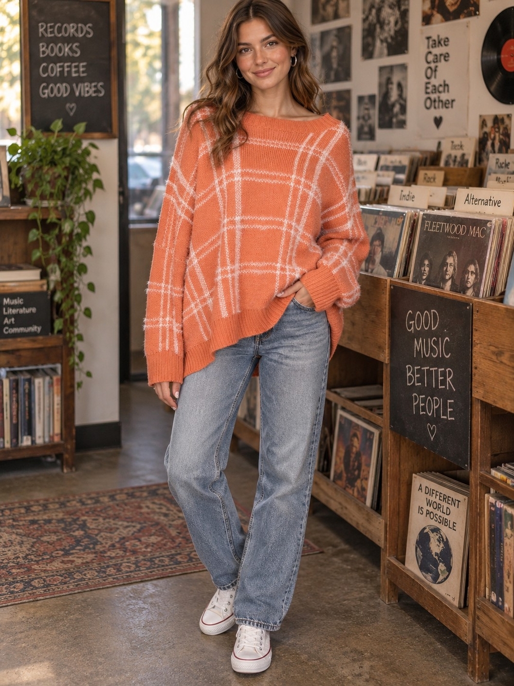 Easel Orange Plaid Oversized Fuzzy Knit Sweater Slouchy Fall Cozy L